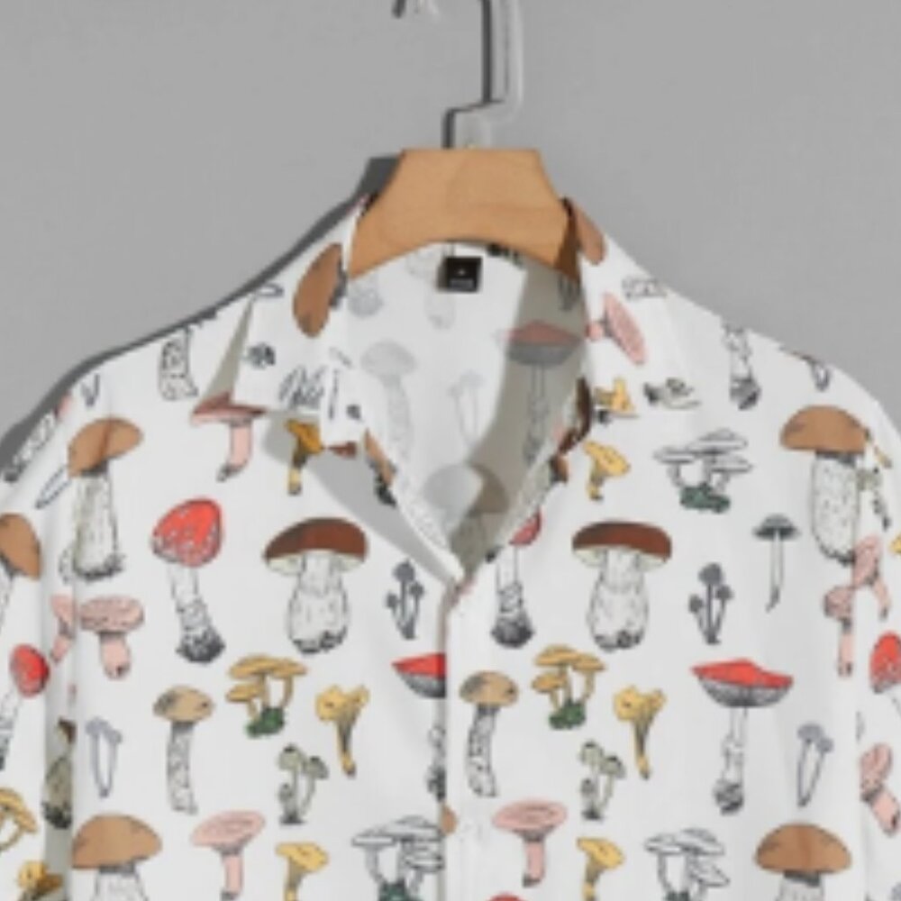 Romwe Street Life Men Mushroom Print Button Front Curved Hem Shirt Size M New - Picture 3 of 5